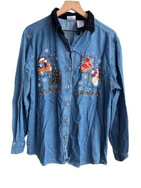 Vintage Bobbie Brooks Christmas Denim Shirt XL Embroidered Holiday Corduroy